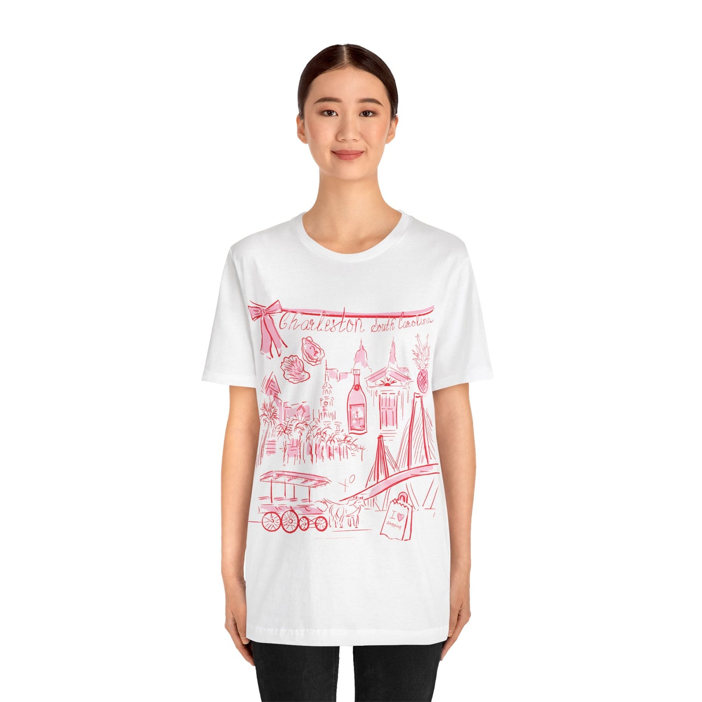 Our famous Charleston design in a T - white or pink