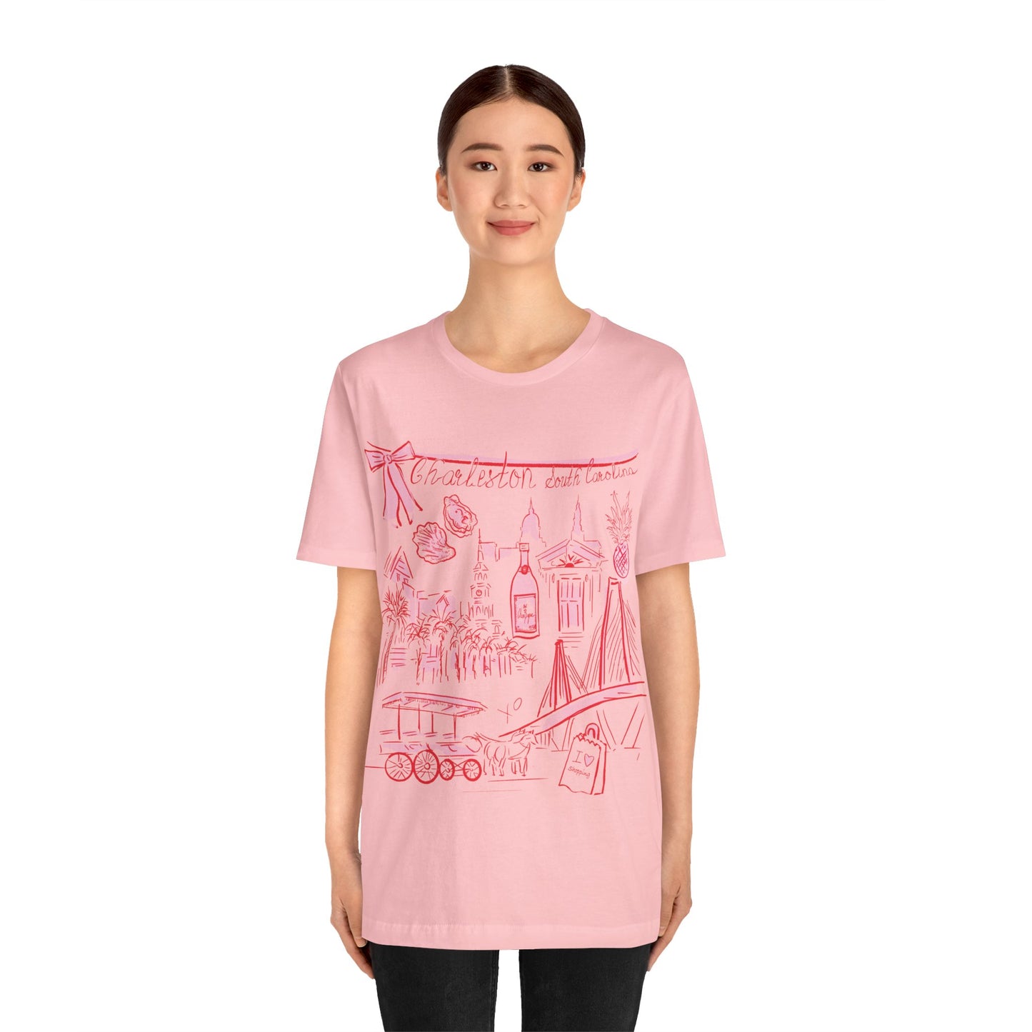 Our famous Charleston design in a T - white or pink
