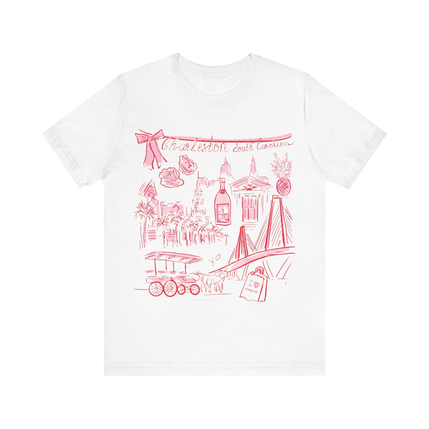 Our famous Charleston design in a T - white or pink