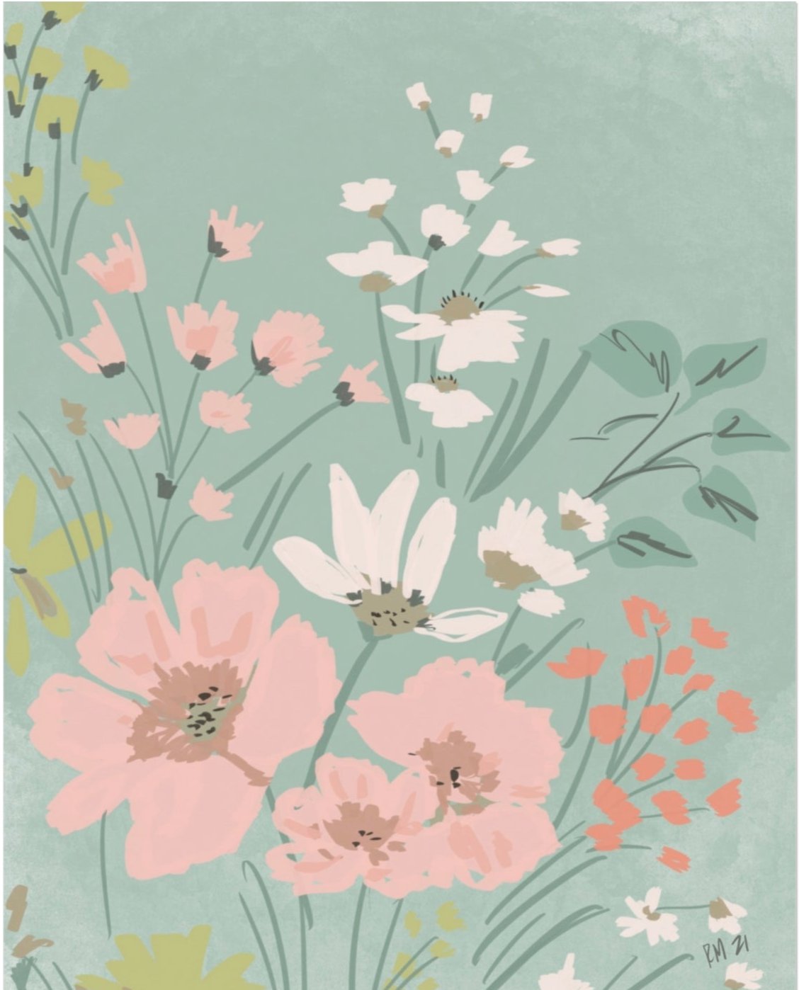 PINK & TEAL FLOWERS - Art Print
