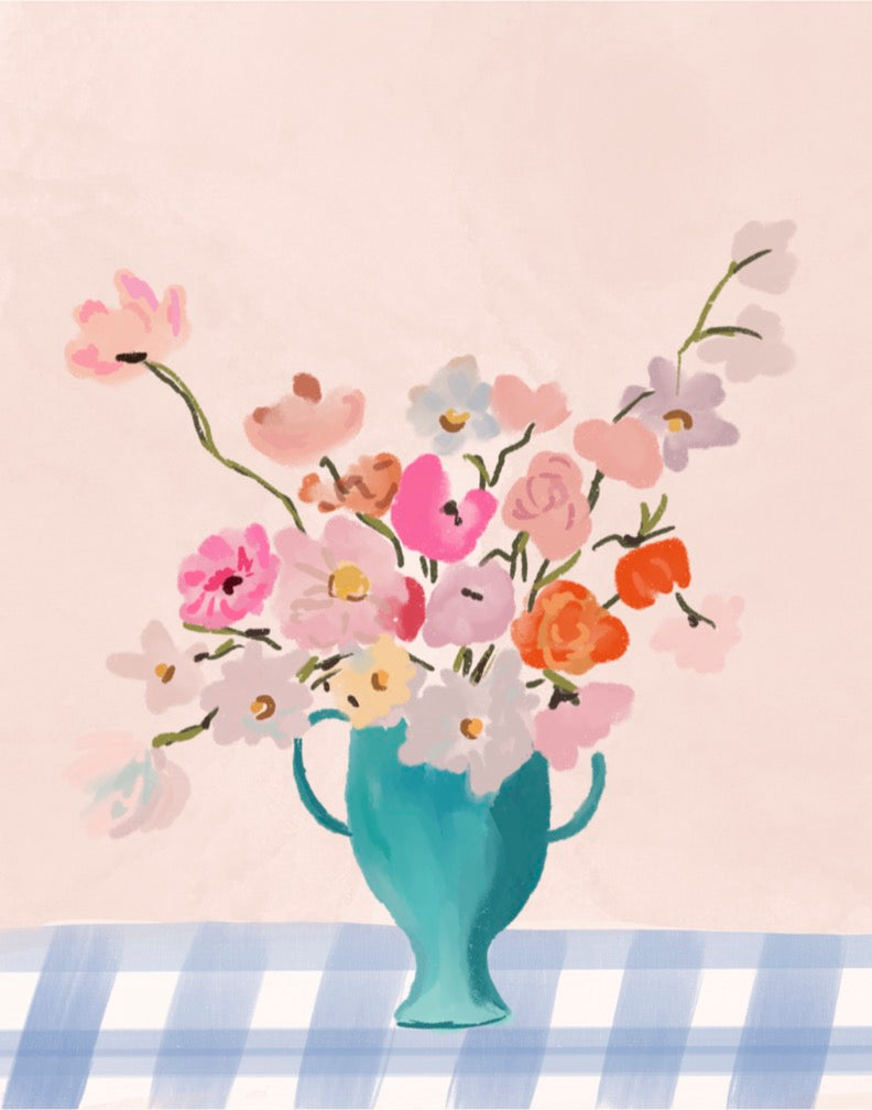 VASE ON BLUE GINGHAM - Art Print