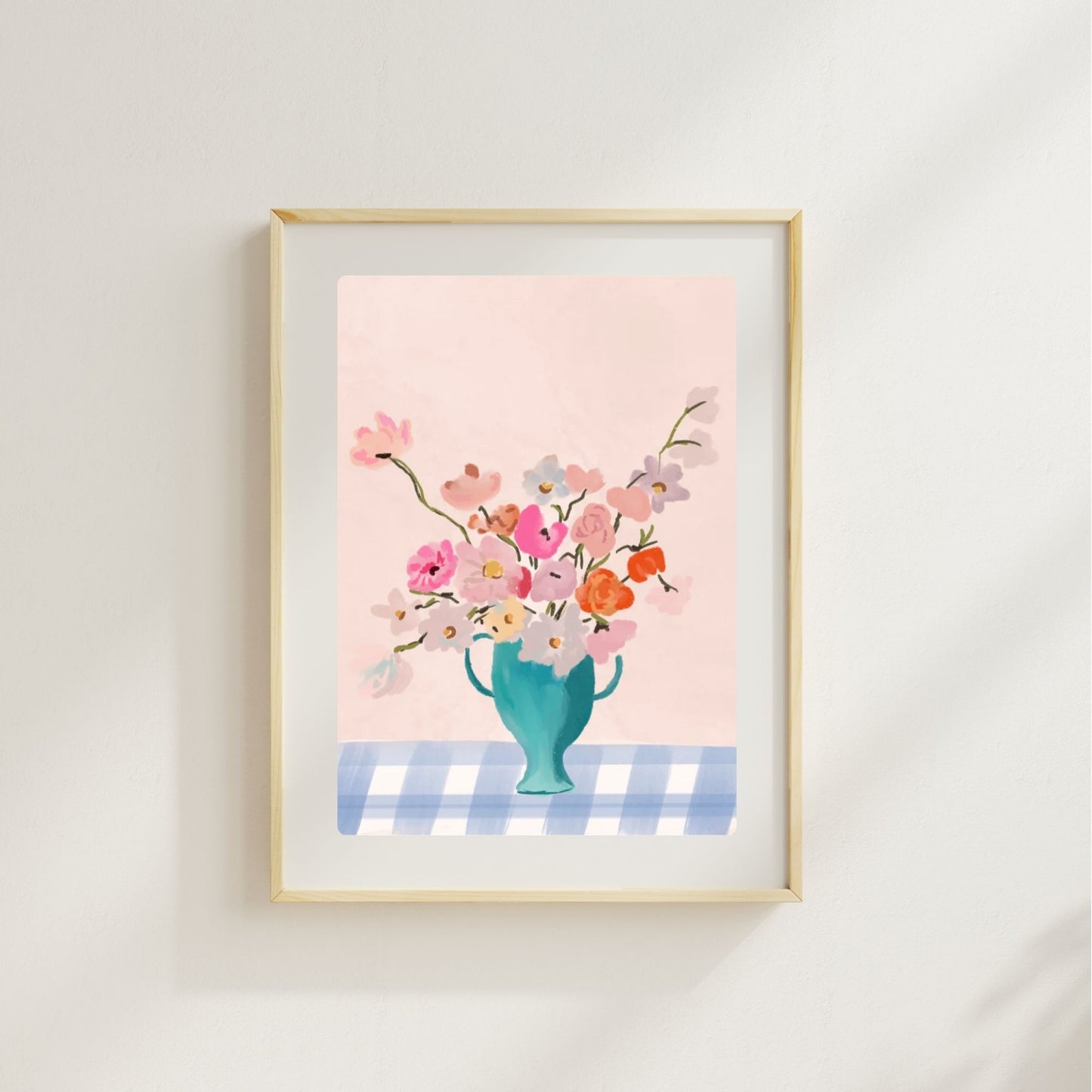 VASE ON BLUE GINGHAM - Art Print