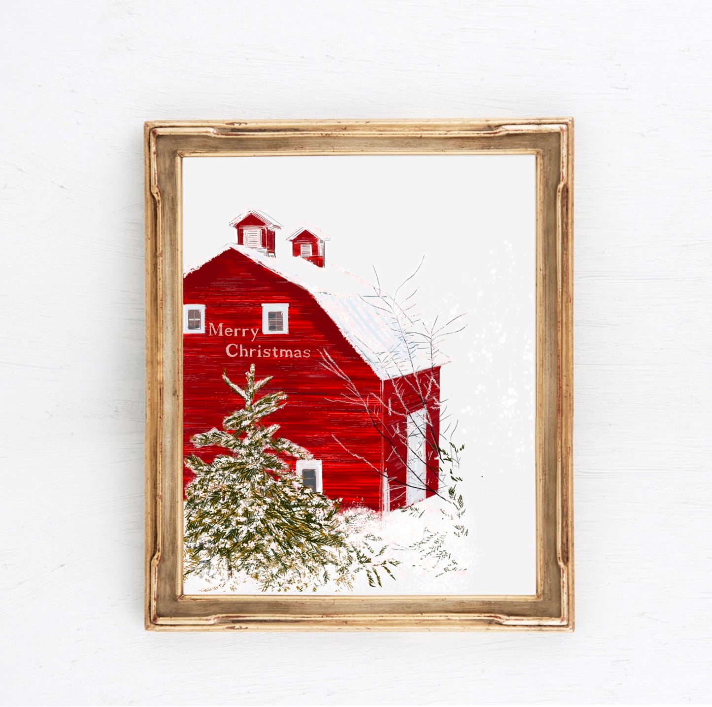 RED BARN MERRY CHRISTMAS - Art Print