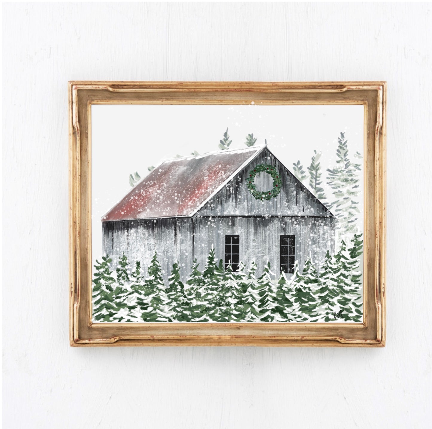 GRAY BARN WREATH - Art Print