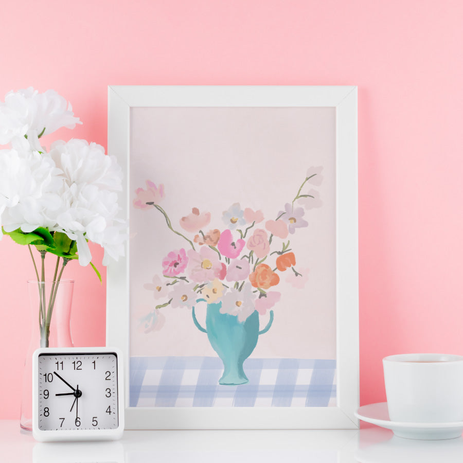 VASE ON BLUE GINGHAM - Art Print