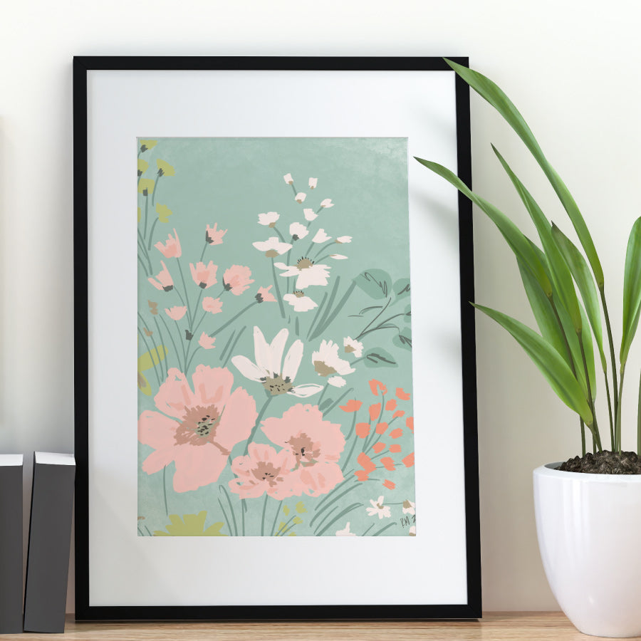 PINK & TEAL FLOWERS - Art Print