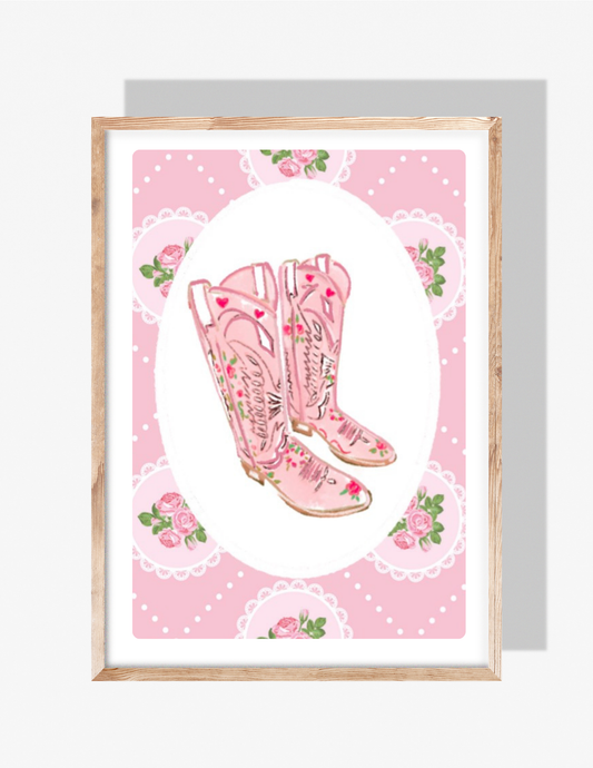 PINK COWBOY BOOTS ROSES- Art Print