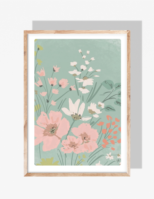 PINK & TEAL FLOWERS - Art Print