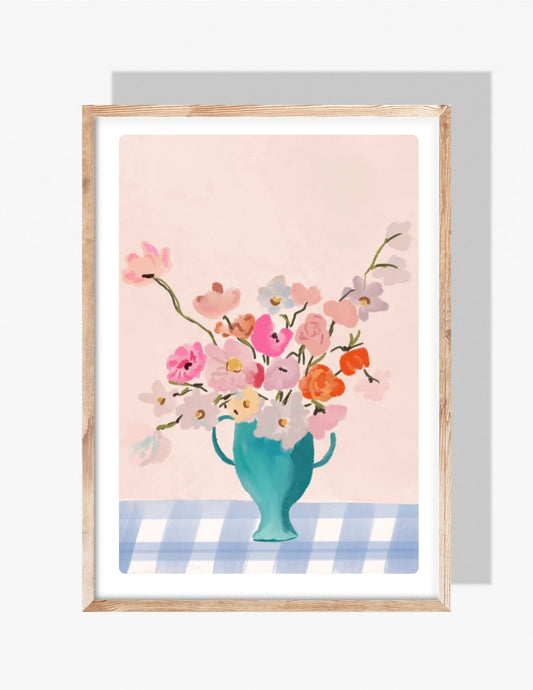 VASE ON BLUE GINGHAM - Art Print